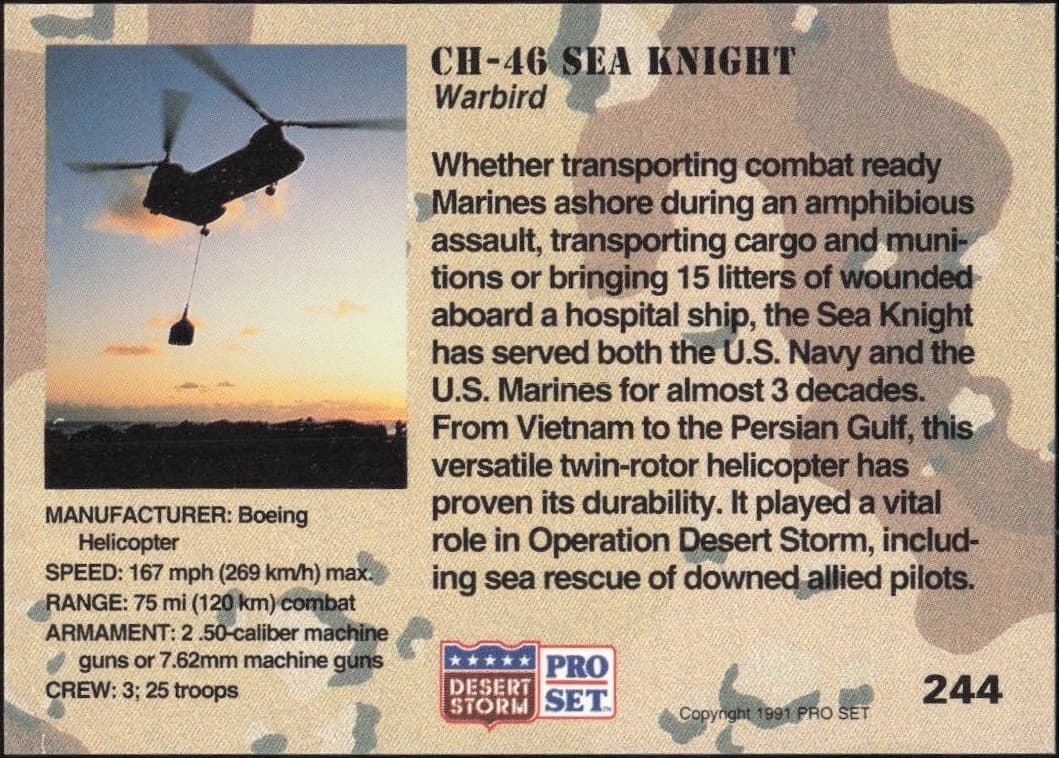 1991 Pro Set Desert Storm CH-46 Sea Knight #244 military trading card back