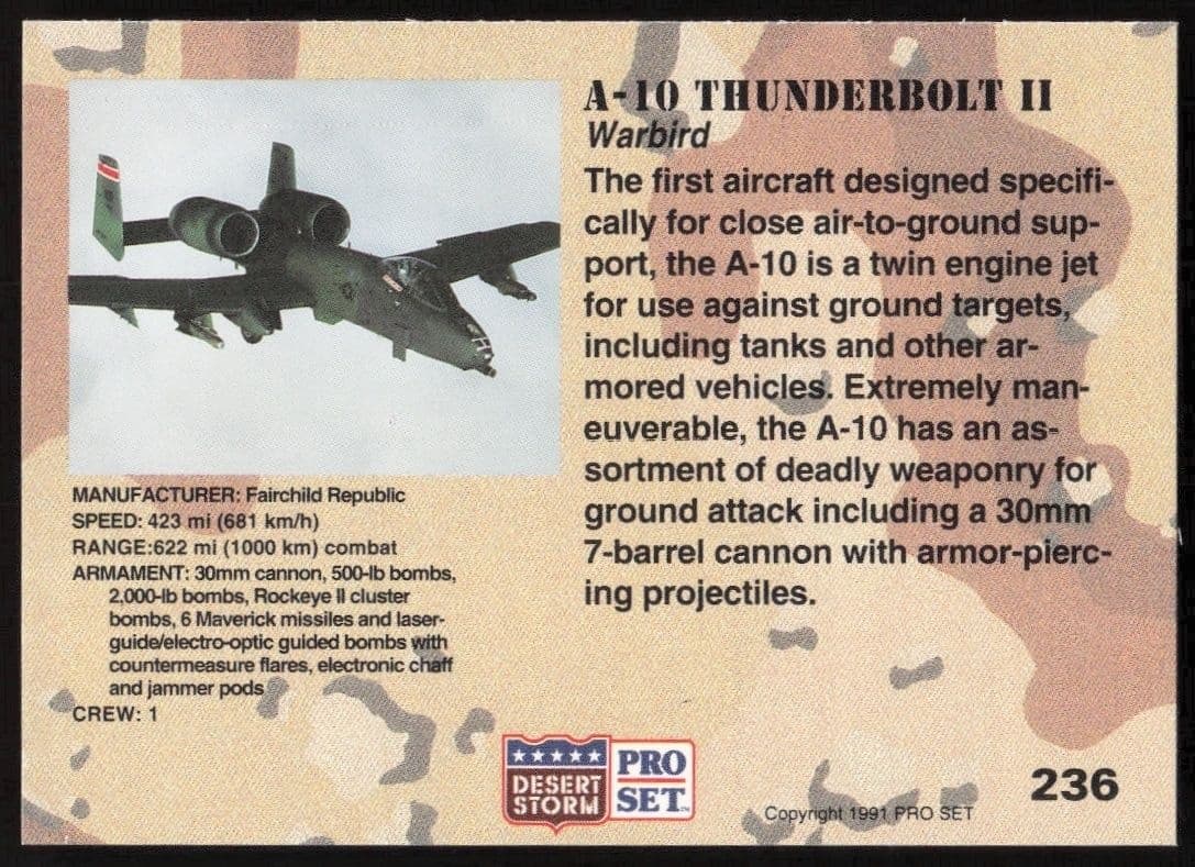 1991 Pro Set Desert Storm A-10 Thunderbolt II #236 military trading card back