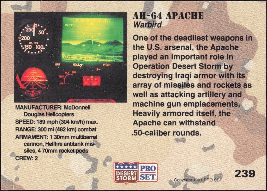 1991 Pro Set Desert Storm AH-64 Apache #239 military trading card back