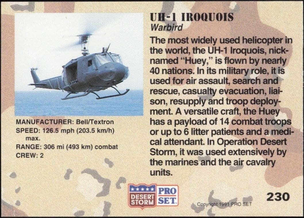 1991 Pro Set Desert Storm UH-1 Iroquois #230 military trading card back