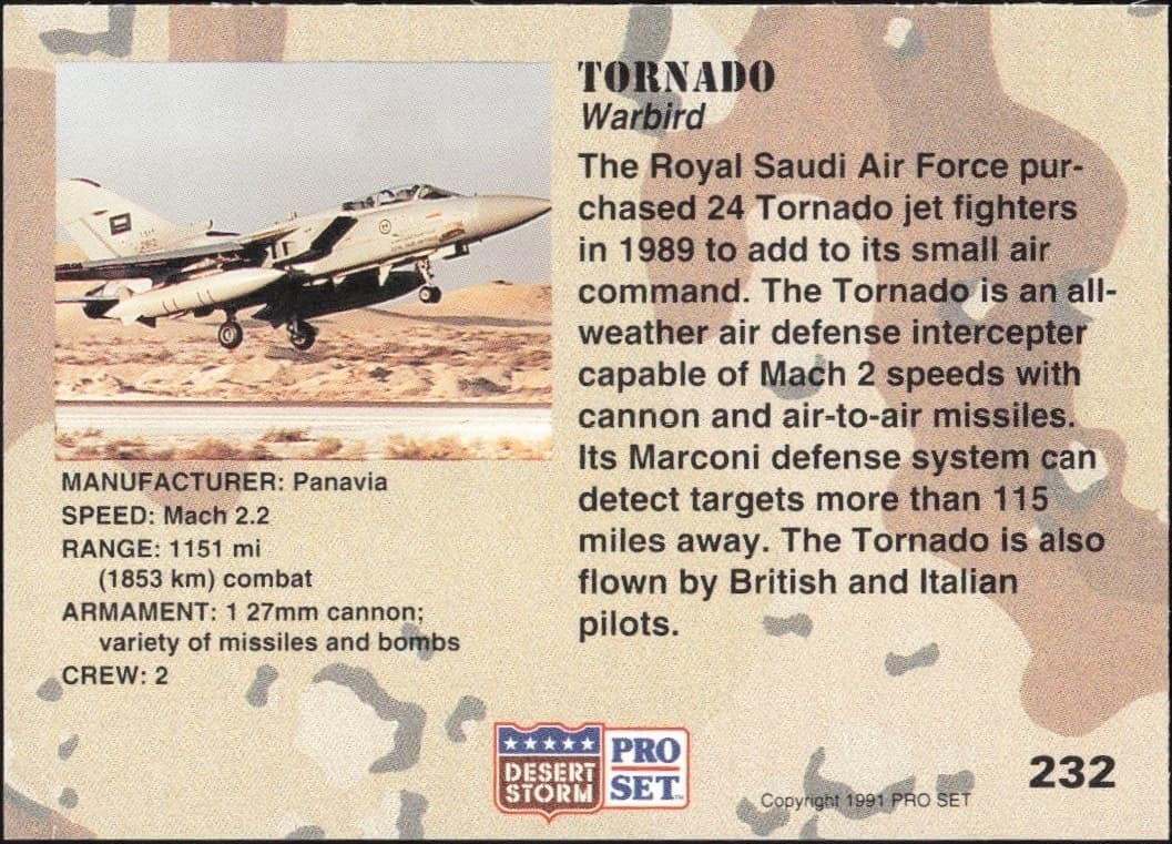 1991 Pro Set Desert Storm Tornado #232 military trading card back