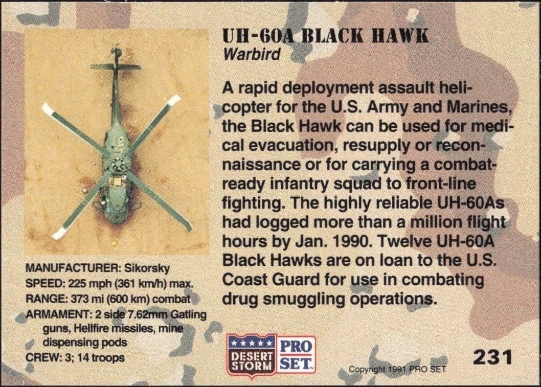 1991 Pro Set Desert Storm UH-60A Black Hawk #231 military trading card back