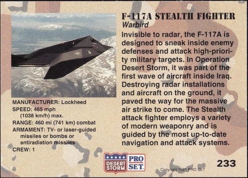 1991 Pro Set Desert Storm F-11&A Stealth Fighter #233 military trading card back