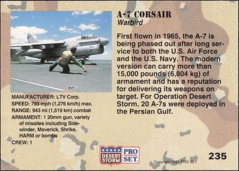 1991 Pro Set Desert Storm A-7 Corsair #235 military trading card back