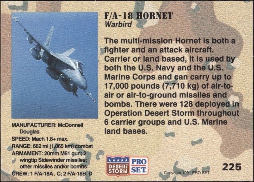 1991 Pro Set Desert Storm F/A-18 Hornet #225 military trading card back