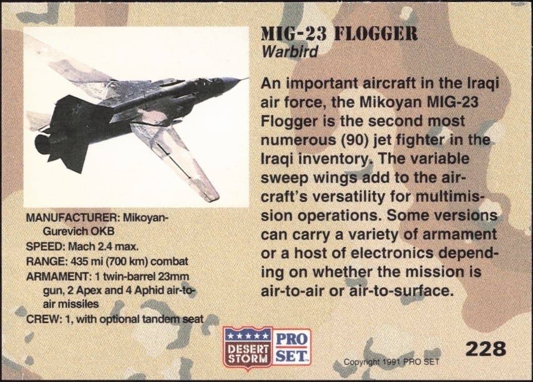 1991 Pro Set Desert Storm MIG-23 Flogger #228 military trading card back