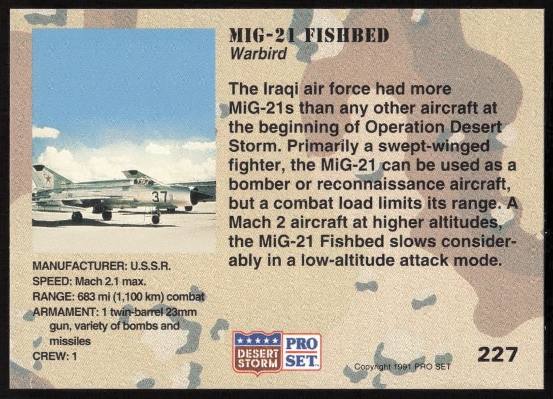 1991 Pro Set Desert Storm MIG-21 Fishbed #227 military trading card back