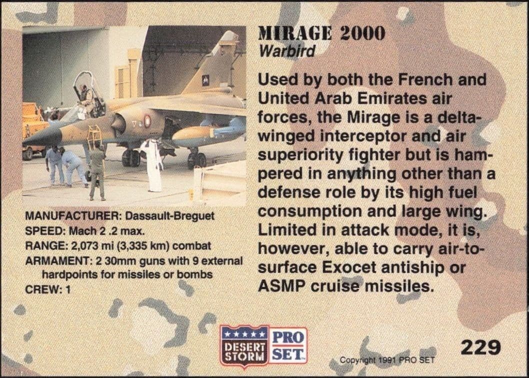 1991 Pro Set Desert Storm Mirage 2000 #229 military trading card back