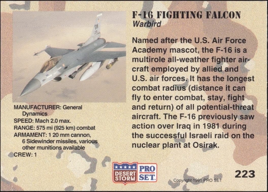 1991 Pro Set Desert Storm F-16 Fighting Falcon #223 military trading card back