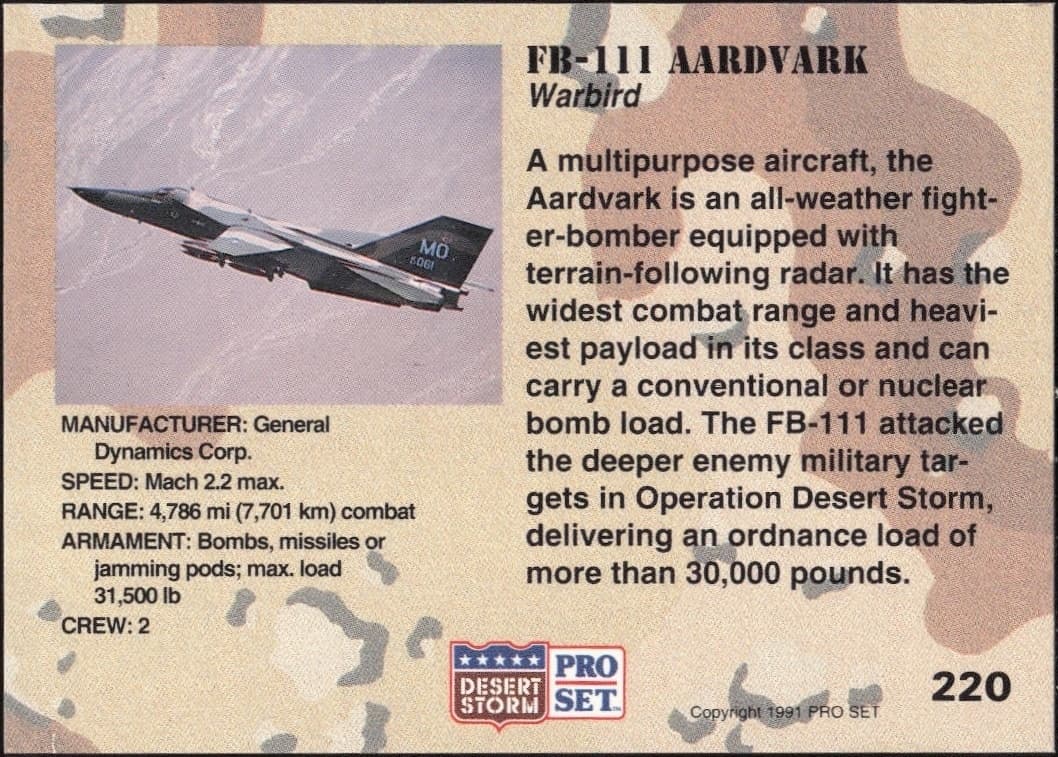 1991 Pro Set Desert Storm FB-111 Aardvark #220 military trading card back