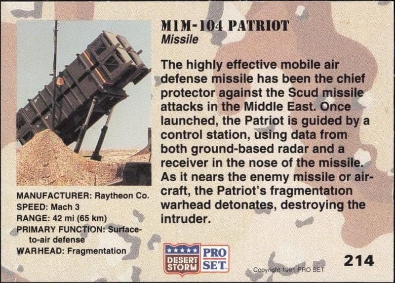 1991 Pro Set Desert Storm MIM-104 Patriot #214 military trading card back