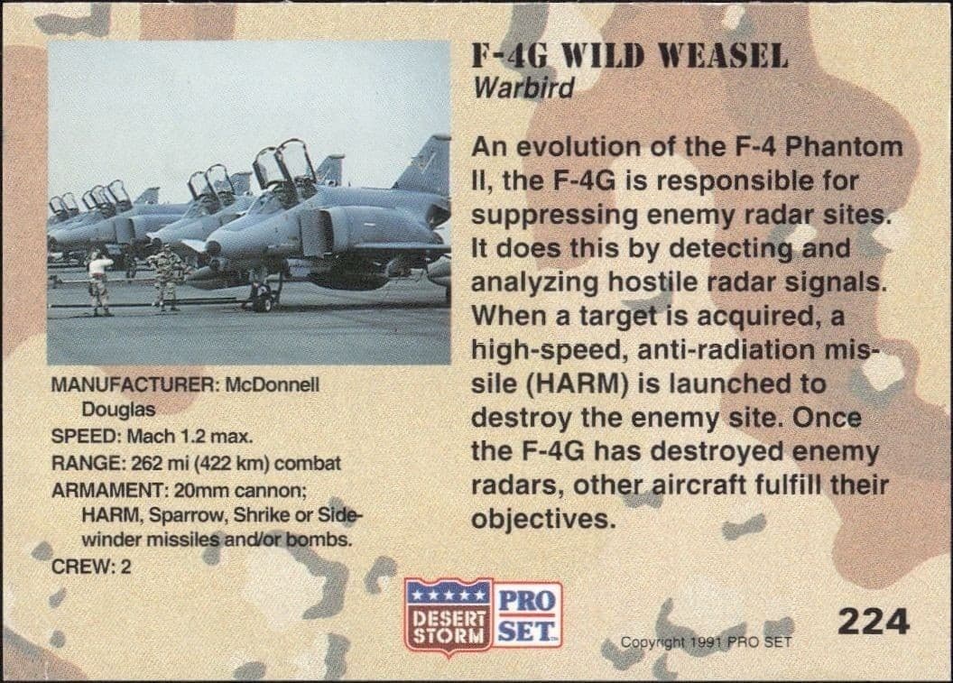 1991 Pro Set Desert Storm F-4G Wild Weasel #224 military trading card back