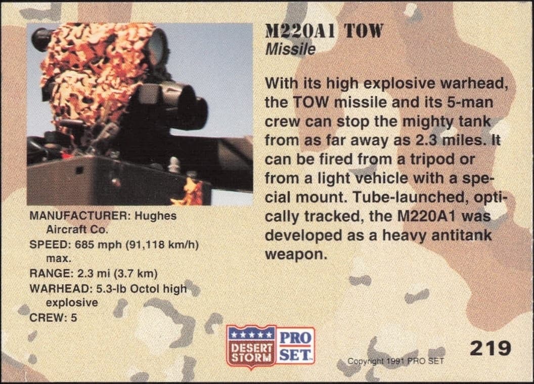 1991 Pro Set Desert Storm M220A1 Tow #219 military trading card back