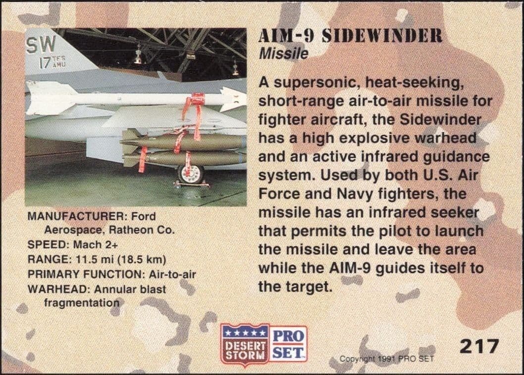 1991 Pro Set Desert Storm AIM-9 Sidewinder #217 military trading card back
