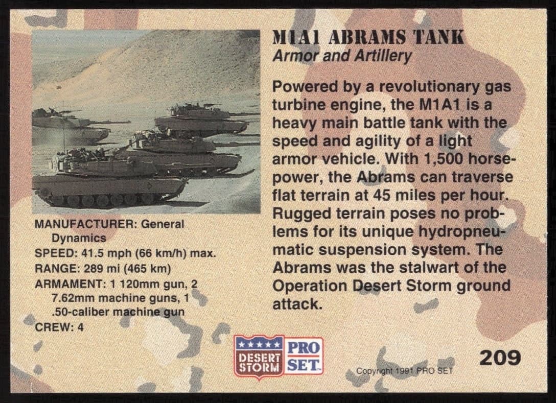 1991 Pro Set Desert Storm M1A1 Abrams Tank #209 military trading card back