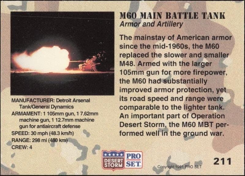 1991 Pro Set Desert Storm M60 Main Battle Tank #211 military trading card back