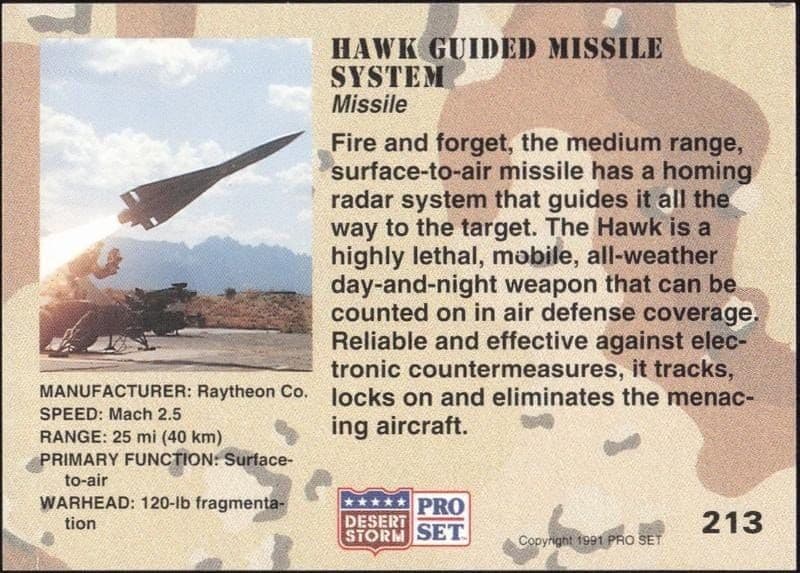 1991 Pro Set Desert Storm Hawk Guided Missile System #213 military trading card back