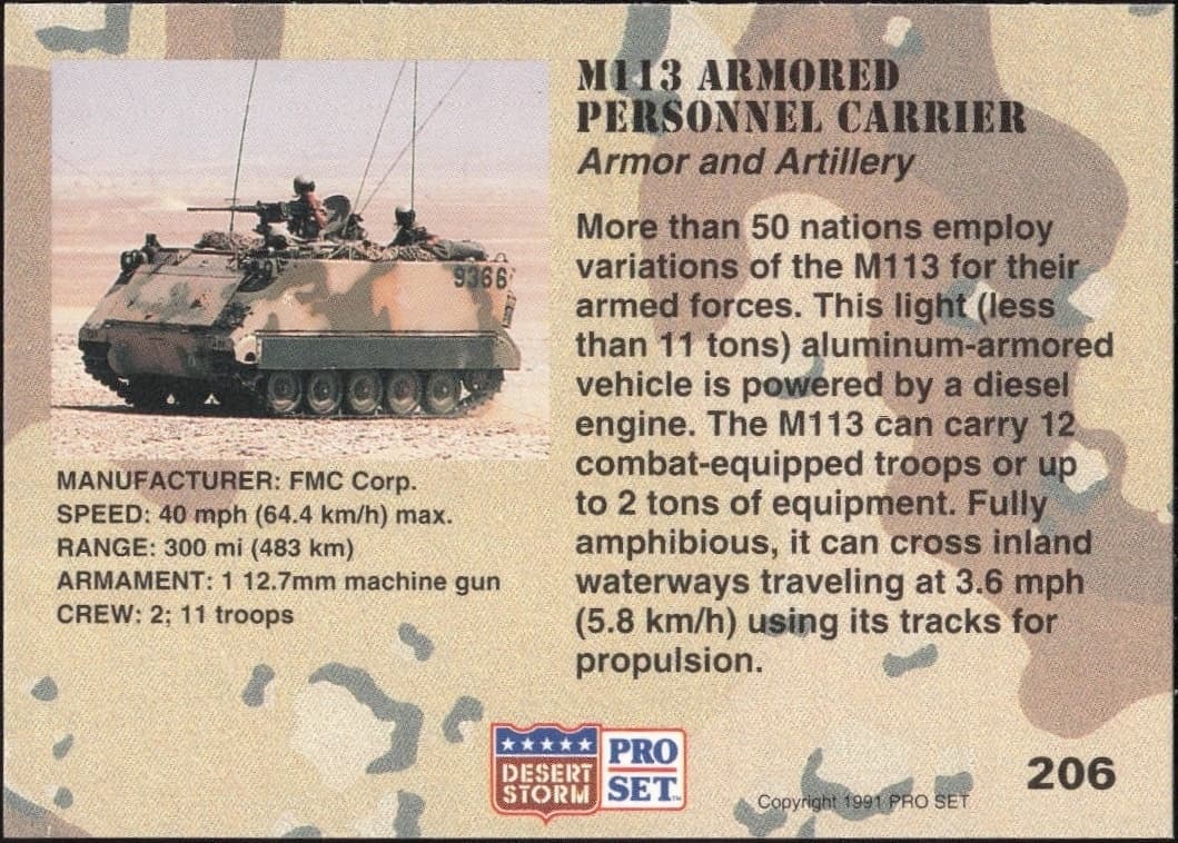 1991 Pro Set Desert Storm M113 Armored Personnel Carrier #206 military trading card back