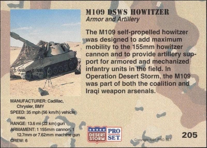 1991 Pro Set Desert Storm M109 DSWS Howitzer #205 military trading card back