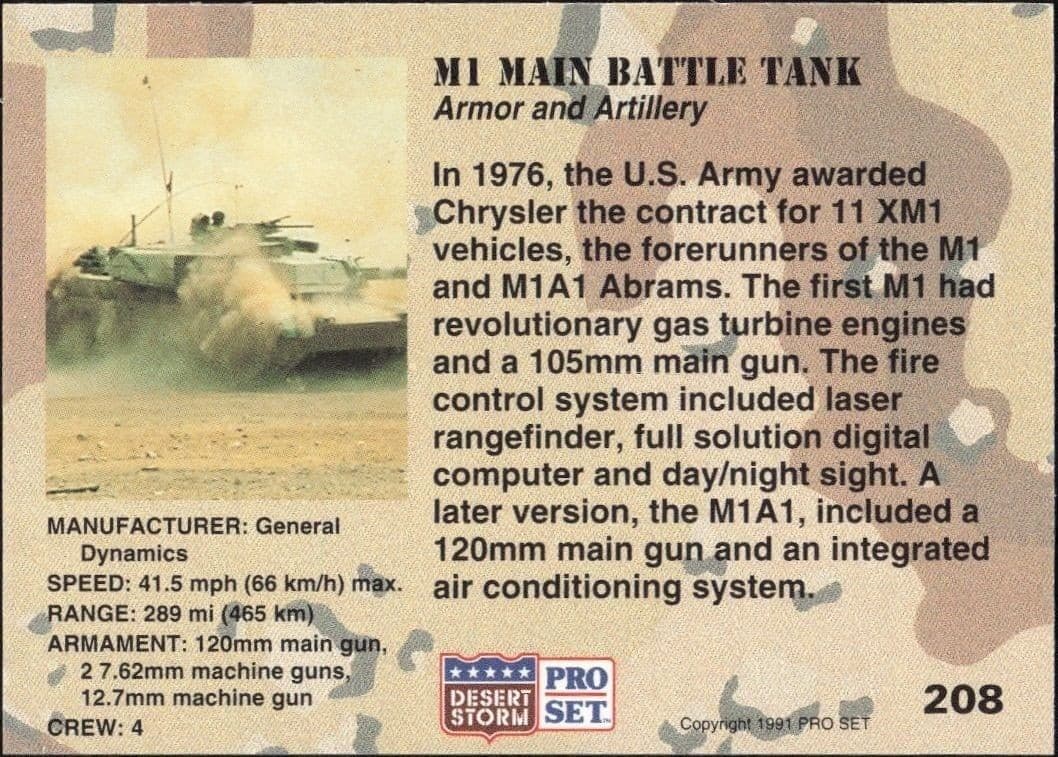 1991 Pro Set Desert Storm MI Main Battle Tank #208 military trading card back