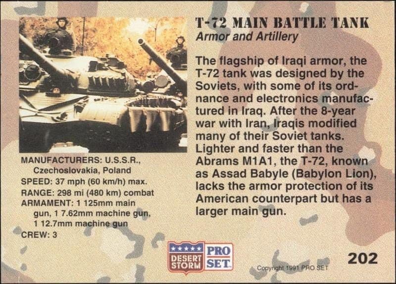 1991 Pro Set Desert Storm T-72 Main Battle tank #202 military trading card back