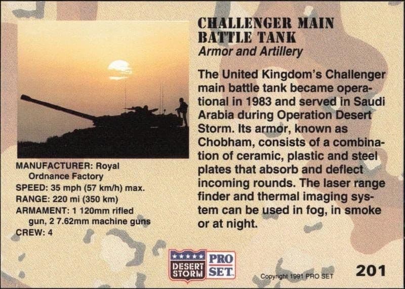 1991 Pro Set Desert Storm Challenger Main Battle Tank #201 military trading card back