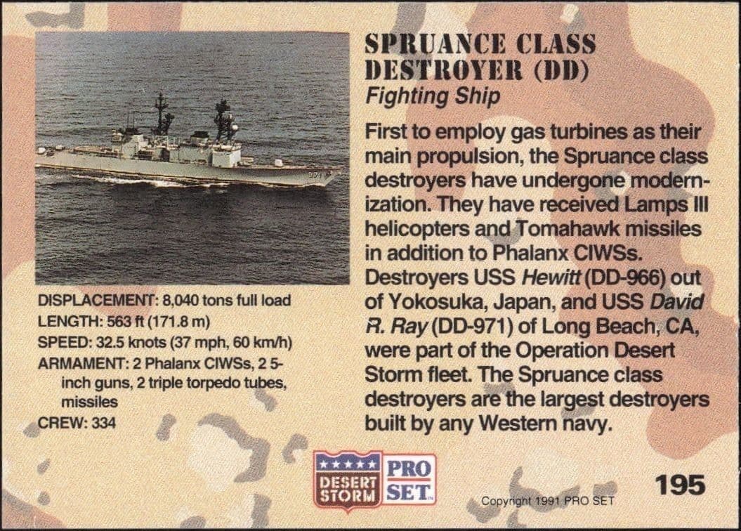 1991 Pro Set Desert Storm Spruance Class Destroyer (DD) #195 military trading card back