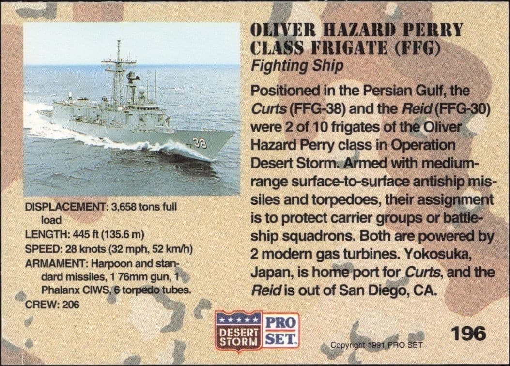 1991 Pro Set Desert Storm Oliver Hazard Perry Class Frigate (FFG) #196 military trading card back