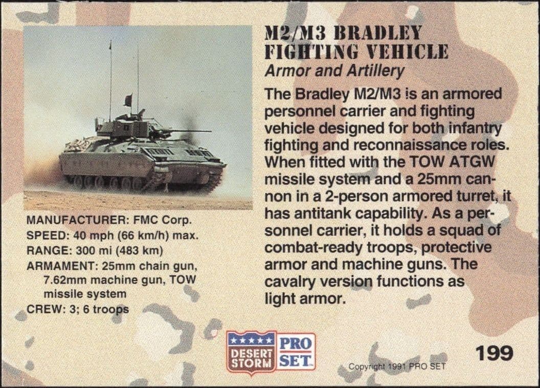 1991 Pro Set Desert Storm M2/M3 Bradley Fighting Vehicle #199 military trading card back