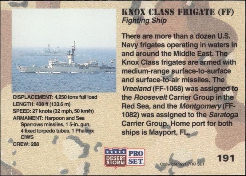 1991 Pro Set Desert Storm Knox Class Frigate (FF) #191 military trading card back