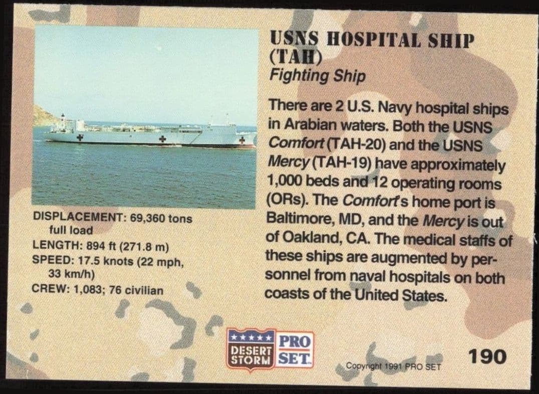 1991 Pro Set Desert Storm USNS Hospital Ship (TAH) #190 military trading card back