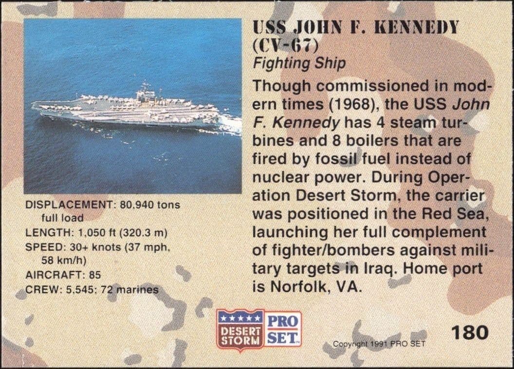 1991 Pro Set Desert Storm USS John F. Kennedy (CV-67) #180 military trading card back