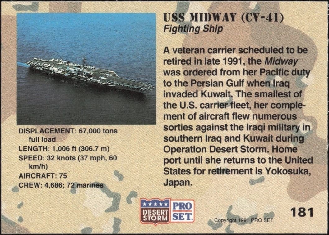 1991 Pro Set Desert Storm USS Midway (CV-41) #181 military trading card back