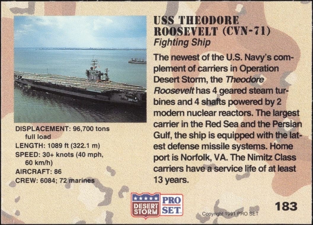 1991 Pro Set Desert Storm USS Theodore Roosevelt (CVN-71) #183 military trading card back