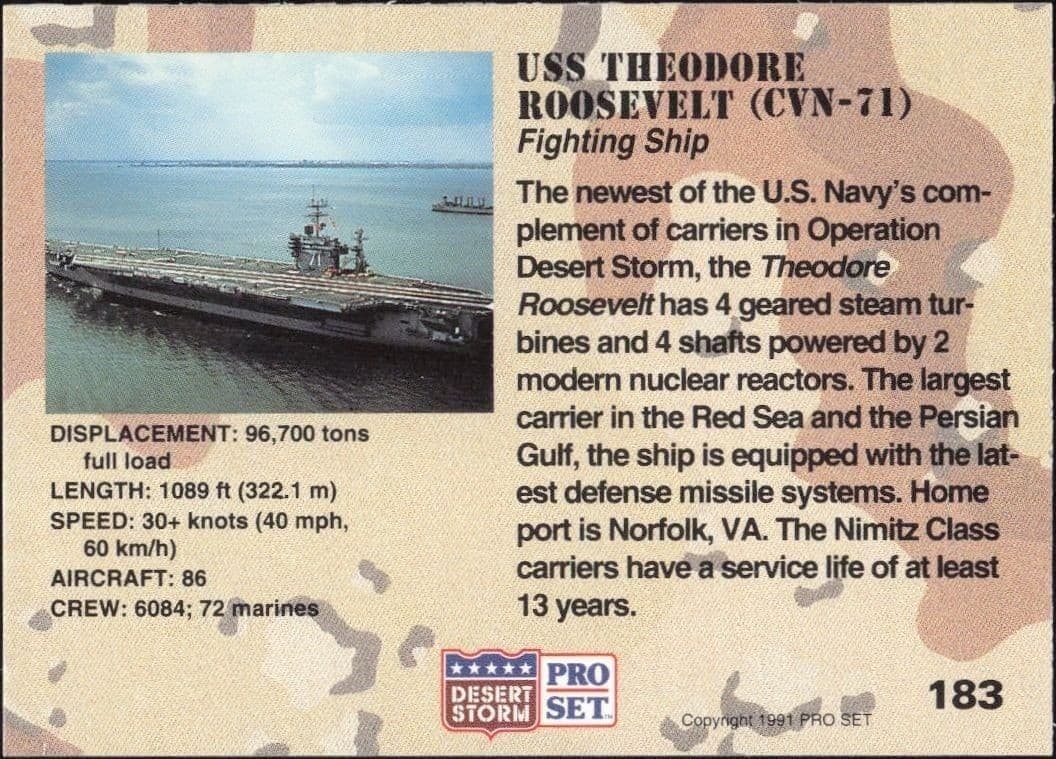 1991 Pro Set Desert Storm USS Theodore Roosevelt #183 military trading card back