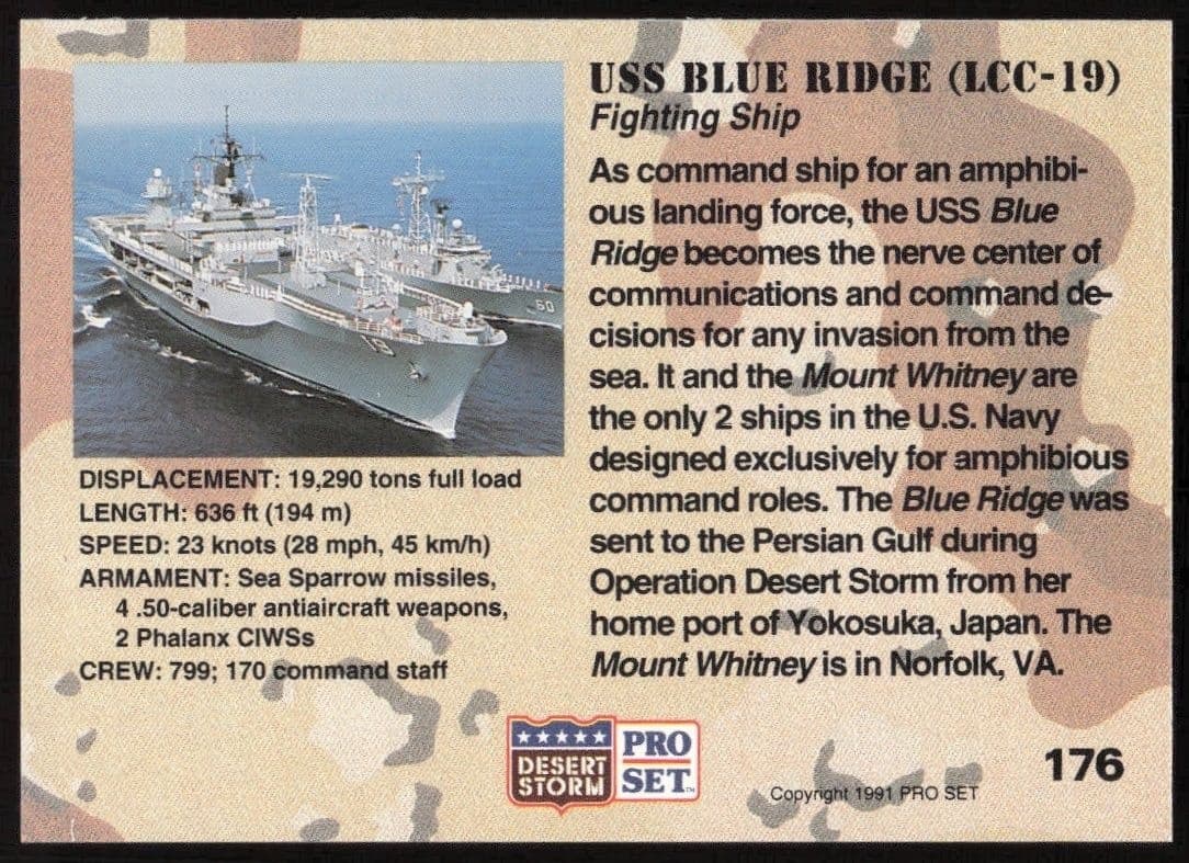 1991 Pro Set Desert Storm USS Blue Ridge (LLC-19) #176 military trading card back