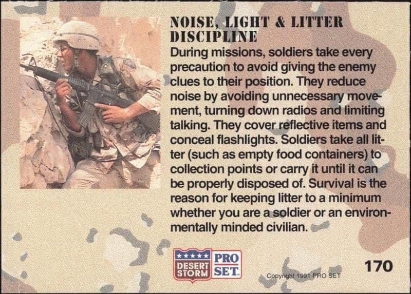 1991 Pro Set Desert Storm Noise, Light & Litter Discipline #170 military trading card back