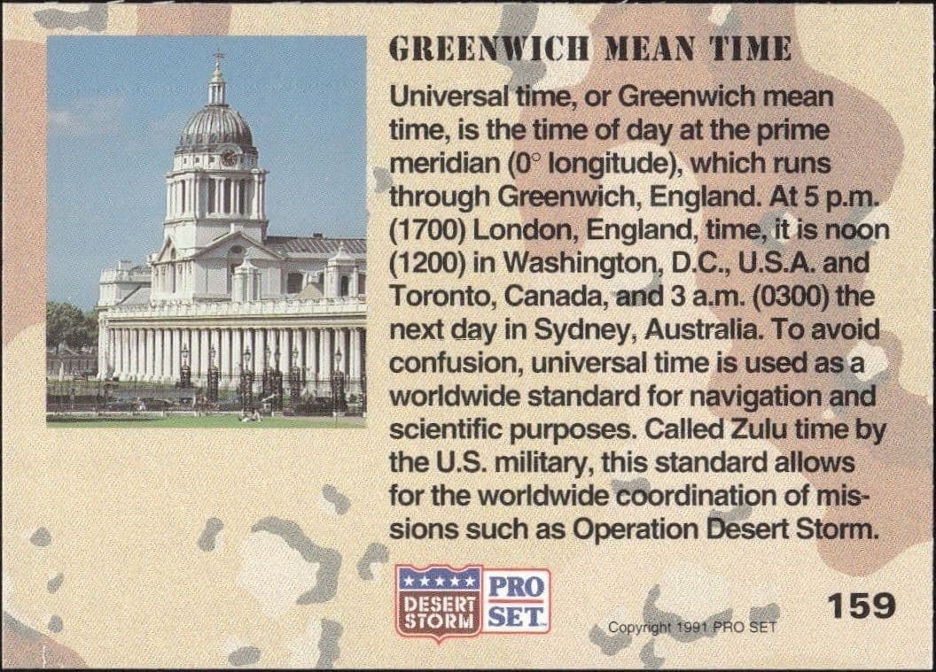 1991 Pro Set Desert Storm Greenwich Mean Time #159 military trading card back