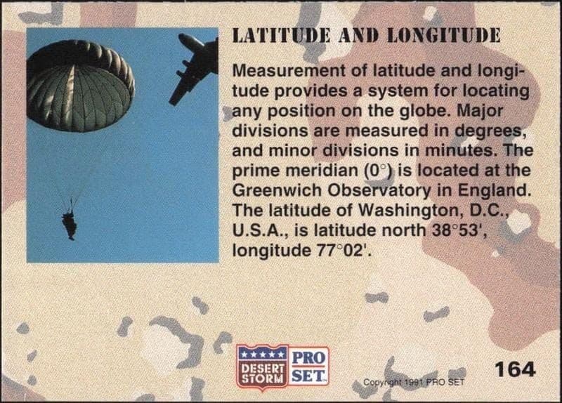 1991 Pro Set Desert Storm latitude And Longitude #164 military trading card back