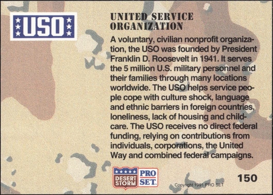 1991 Pro Set Desert Storm United Service Organization #150 military trading card back