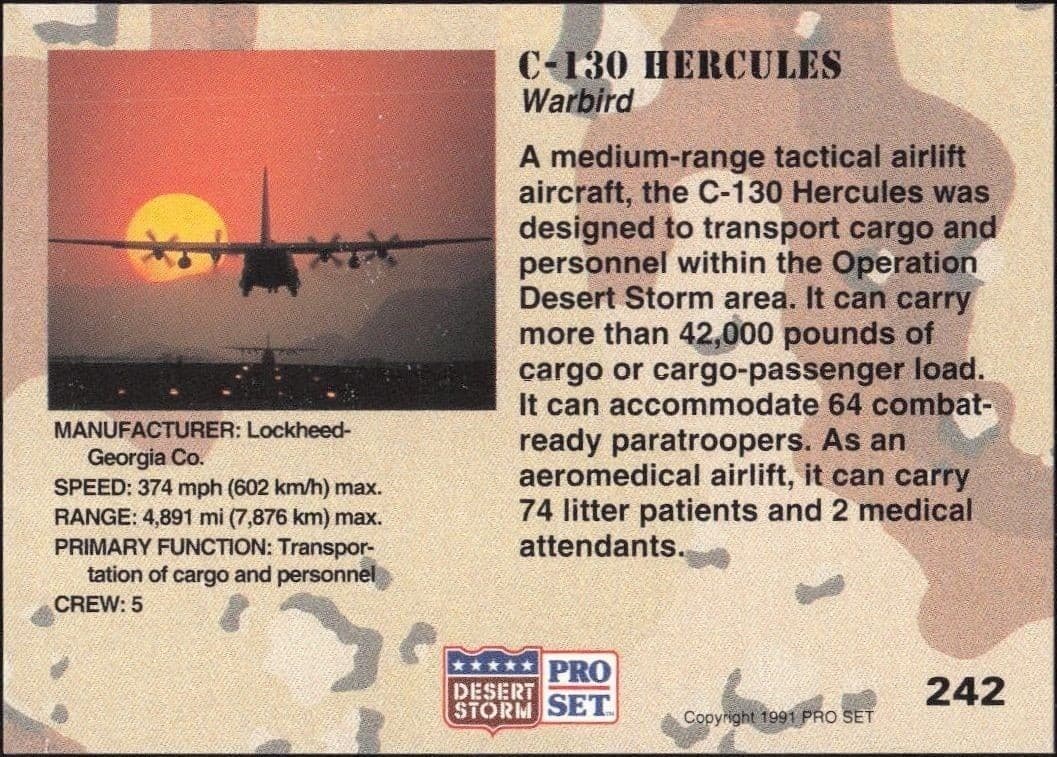 1991 Pro Set Desert Storm C-130 Hercules #142 military trading card back