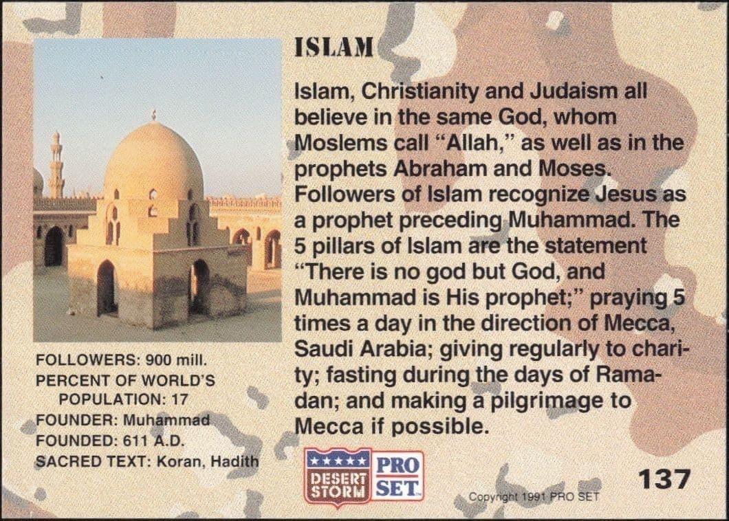 1991 Pro Set Desert Storm Islam #137 military trading card back