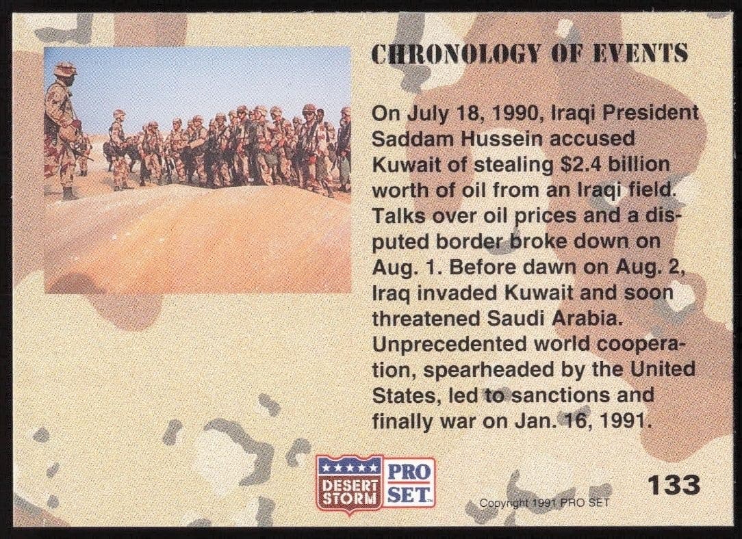 1991 Pro Set Desert Storm Chronology of Events #133 military trading card back