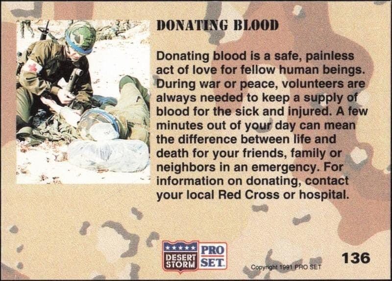 1991 Pro Set Desert Storm Donating Blood #136 military trading card back