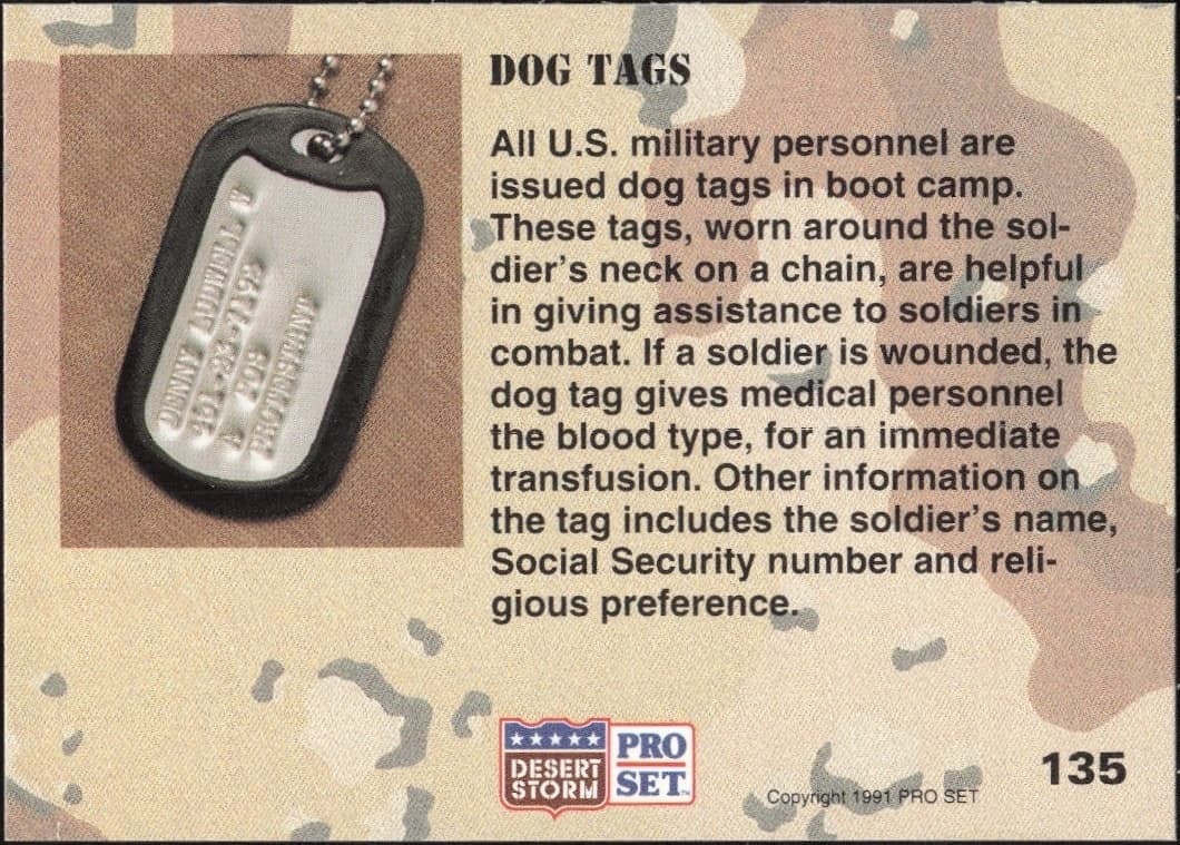 1991 Pro Set Desert Storm Dog Tags #135 military trading card back
