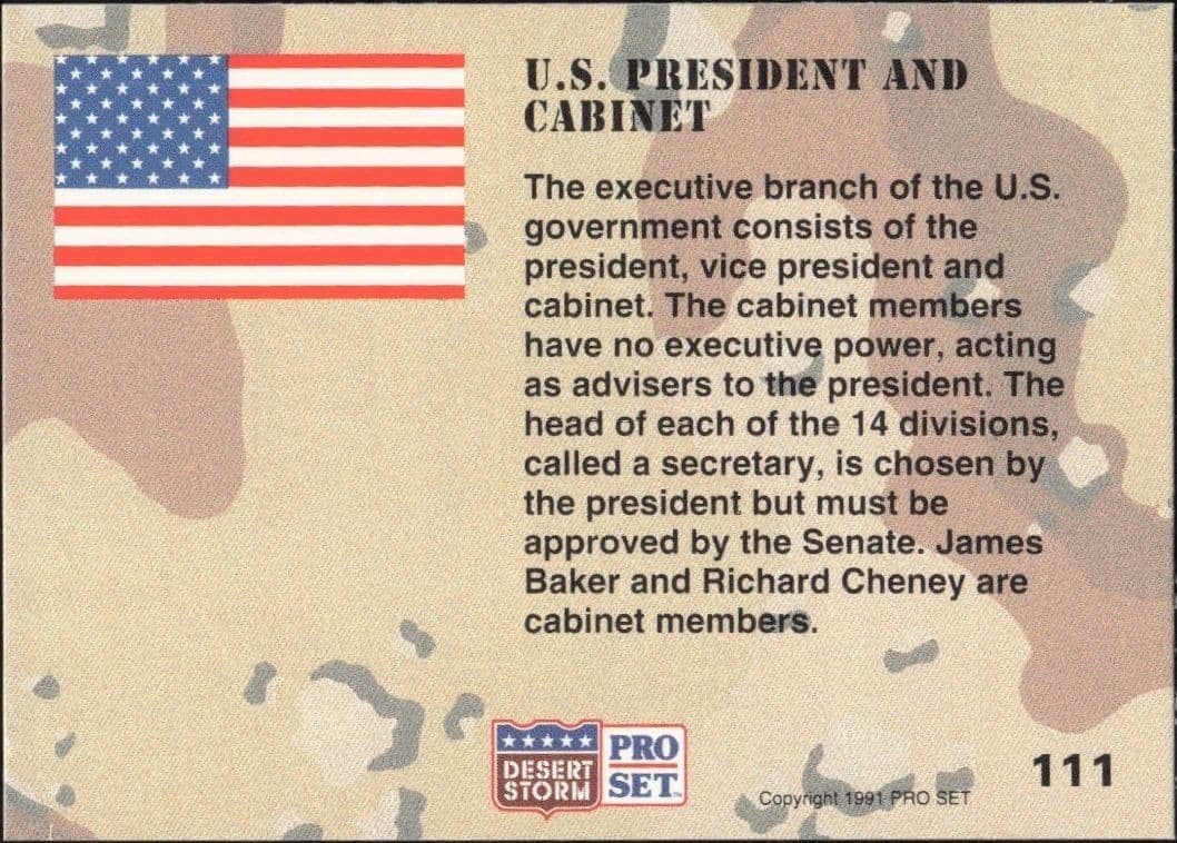 1991 Pro Set Desert Storm President And Cabinet #111 military trading card back