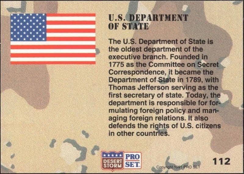 1991 Pro Set Desert Storm Department of State #112 military trading card back