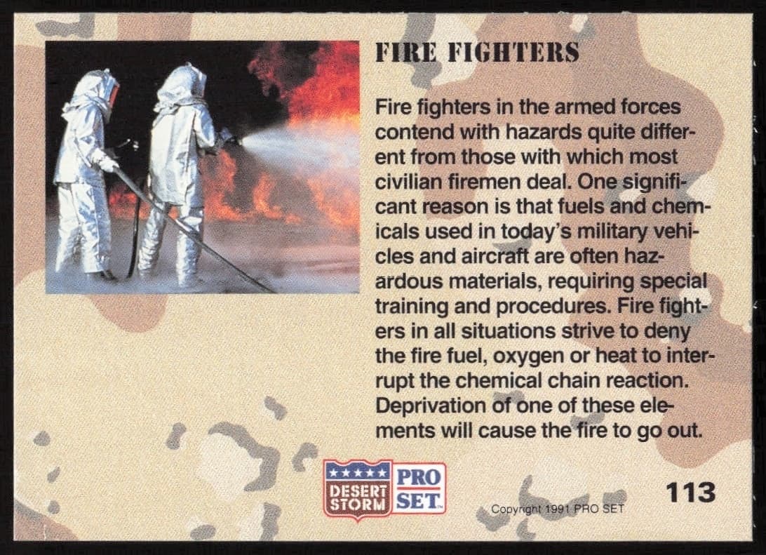 1991 Pro Set Desert Storm Fire Fighters #113 military trading card back