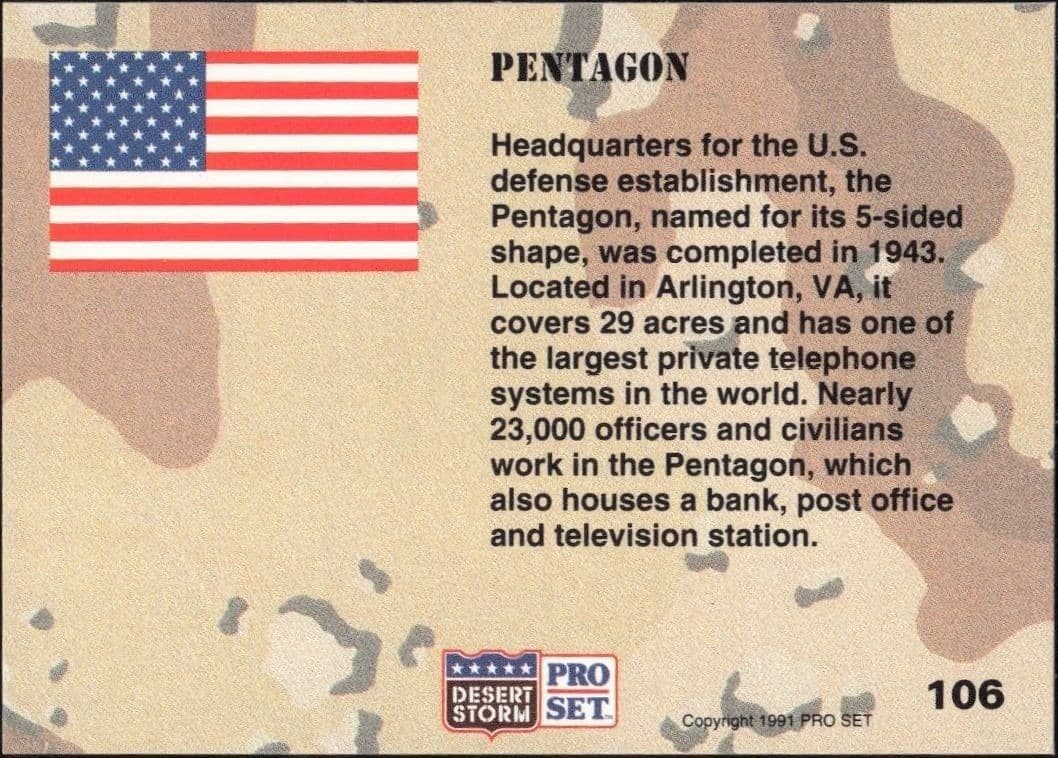 1991 Pro Set Desert Storm Pentagon #106 military trading card back