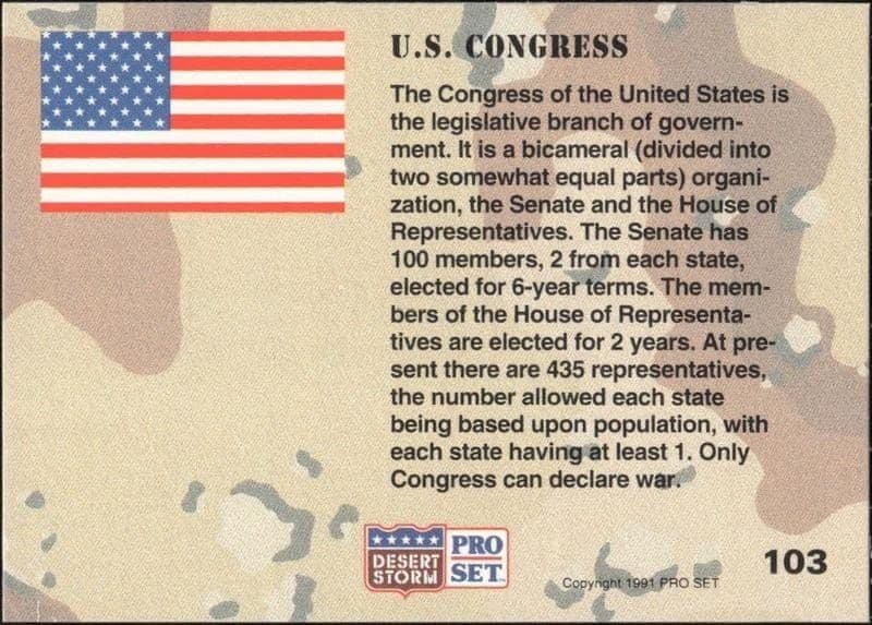 1991 Pro Set Desert Storm Congress #103 military trading card back